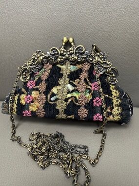 Black Floral Embroidered Frame Clutch with Ornate Brass Chain